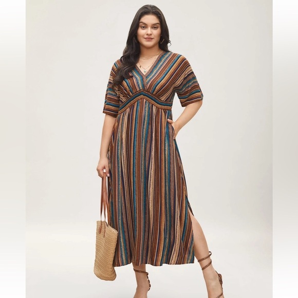 BloomChic 4XL Striped Contrast Dolman Sleeve Shirred Pocket Split Flutter Dress - Picture 1 of 7